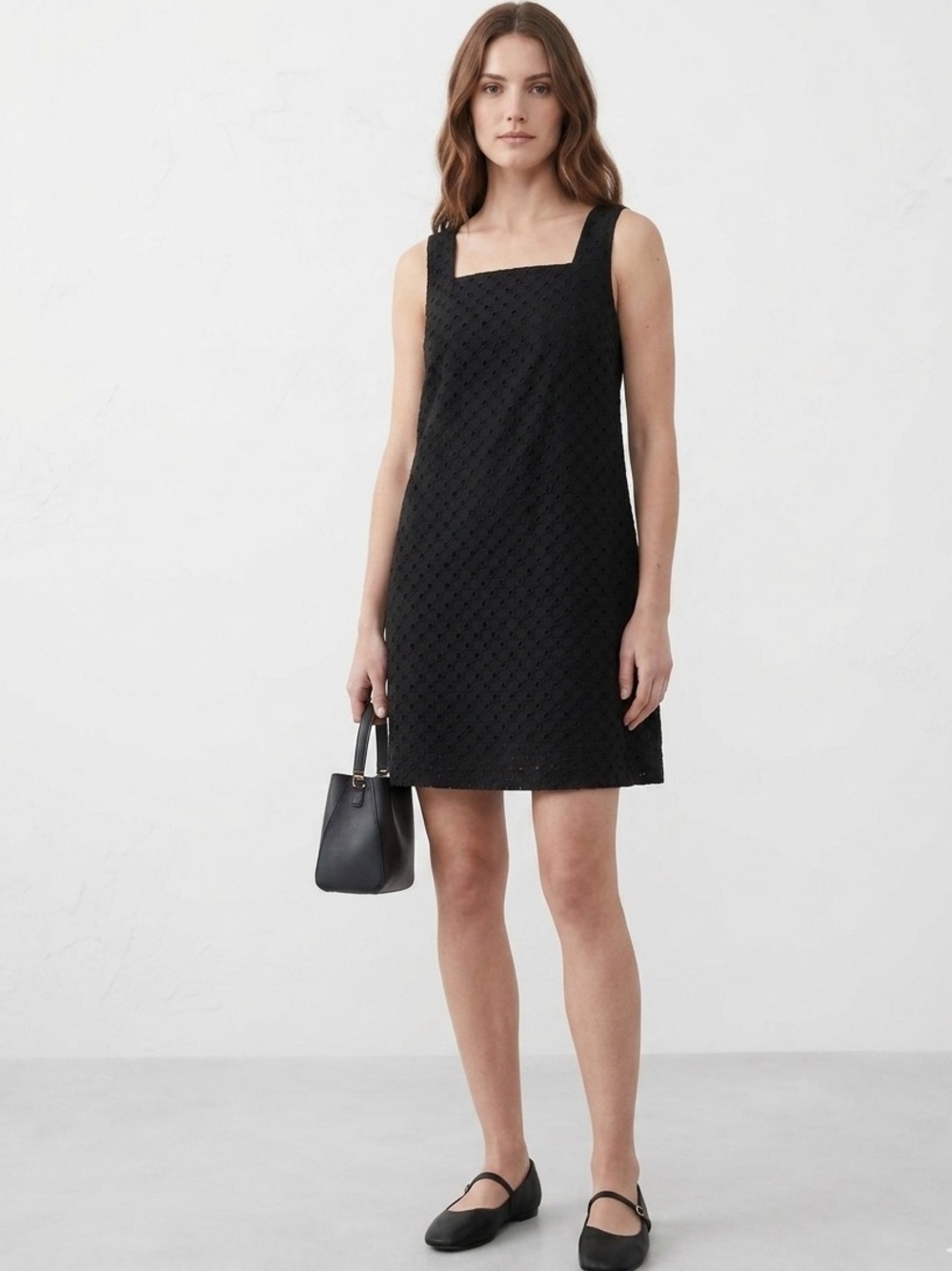 Banana Republic Black Eyelet Mini Shift Dress Square Neck 100% Cotton Medium
